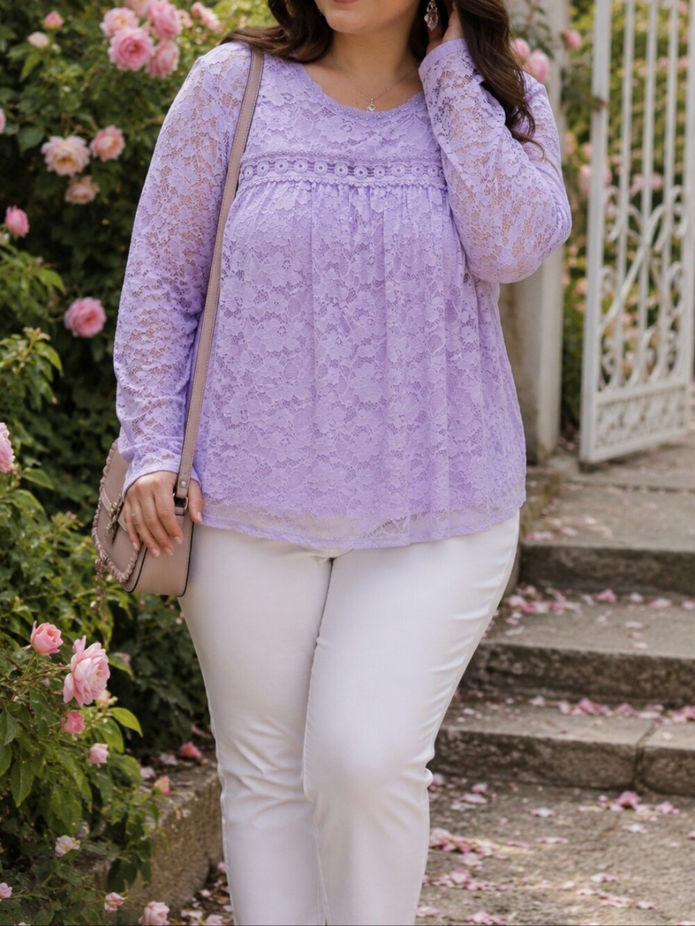Penningtons Plus Size Lavender Floral Lace Scoop Neck Long Sleeve Blouse Top